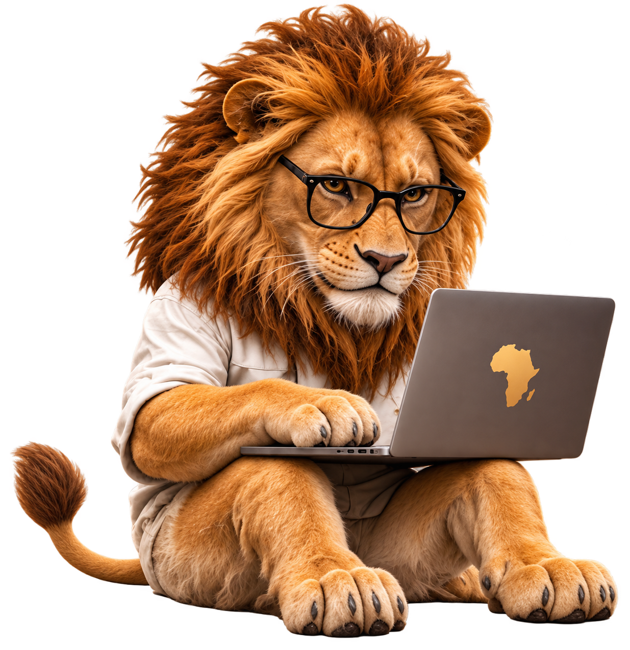 Leo — лев в очках с ноутбуком